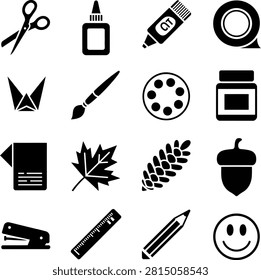 Creative stationery and craft icons featuring tools for art paper projects and school supplies
