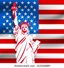 Creative Statue of Liberty on American Flag Color background for 4th of July, Independence Day celebration.