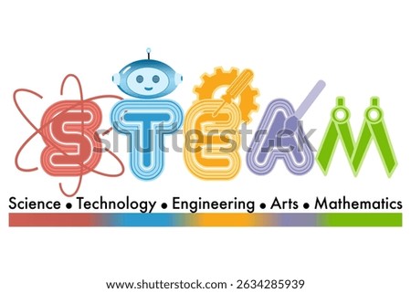 Creative STEAM Typography with Atom, Robot Head, Gear, Paintbrush, and Compass,  Ideal for School Projects, Teaching Resources, and Kids Learning