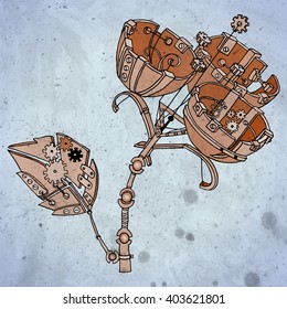 Creative steampunk mechanical plant. Unusual flower made of copper gears. Vector illustration with vintage texture.