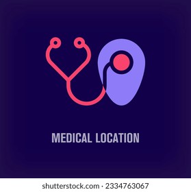 Kreatives Stethoskop und Standortlogo. Einzigartige Farbübergänge. Einzigartige Vorlage für das Logo des Gesundheitszeichens. Vektorgrafik