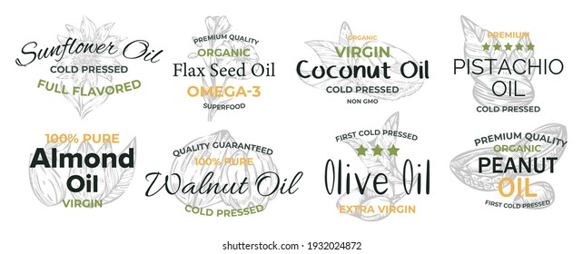 Creative sticker with an inscription for oil sale, set. Vector illustrations are drawn by hand. Fashionable superfood label. Premium quality vintage oil decals collection. Elements for design label