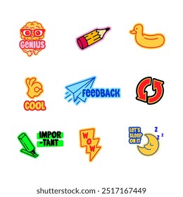 Creative sticker set with brain and "Genius," pencil, duck lifebuoy, "OK cool" hand, airplane with "Feedback," 360-degree arrows, "Important" marker, "Wow" lightning, and moon with "Let's sleep on it.