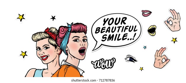Creative sticker set. Retro vintage comic girl. 