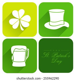 Creative sticker, tag or label design with St. Patrick's Day ornaments on white background.