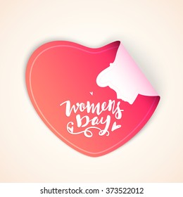 Creative sticker, tag or label design in shape of glossy pink heart for Happy Women's Day celebration.
