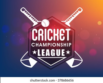 Creative sticker, tag or label design with bats and ball on shiny colorful background for Cricket Championship League concept.