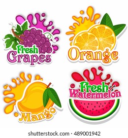 Creative Stickers of Fresh Grapes, Orange, Mango and Watermelon with splash, Set of Typographic Labels for Natural Fruits, Food and Drink concept, Vector illustration.