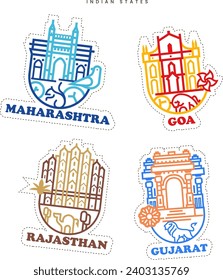 Creative stickers  for the Indian states Maharashtra, Goa, Rajasthan, and Gujarat with illustration of Maharashtra, Goa, Rajasthan, Gujarat national animal and a landmark Place