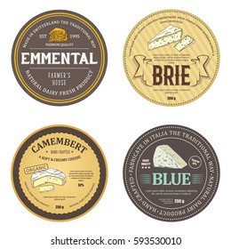 Creative stickers with outline cheese icons. Elegance emblems designed for emmental, brie, camembert and blue. Vector labels used for curd wrapper, advertising natural dairy products premium quality.