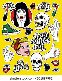 Creative stickers set with skulls, surprised woman, smiling girl face, hands, lips, lipstick and calligraphy quotes. Vector illustrations in trendy style.