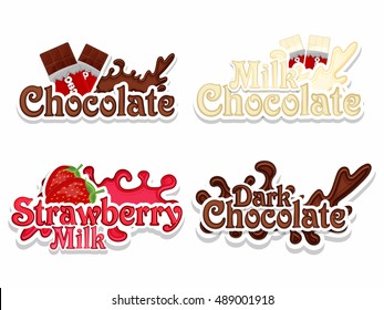 Creative Stickers, Tags or Labels set of Chocolate, Milk Chocolate, Strawberry Milk and Dark Chocolate with different lettering design collection for Food and Drink concept.