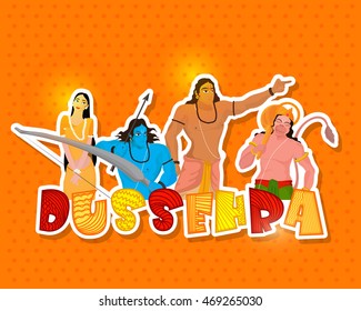 Diseño pegajoso creativo con texto colorido Dussehra e ilustración de Lord Rama, Laxman, Hanuman y la diosa Sita sobre un brillante fondo naranja.