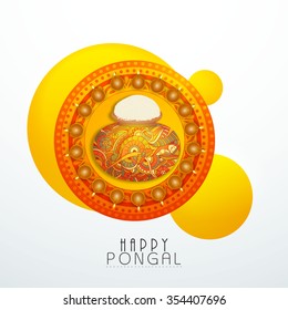 Creative sticky design with floral decorated mud pot, full of rice and illuminated lit lamps for South Indian harvesting festival, Happy Pongal celebration.