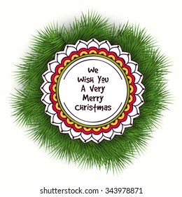 Creative sticky design on fir tree branches for Merry Christmas celebration.