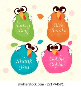Creative sticky designs holding by turkey birds on beige background for Happy Thanksgiving Day celebrations. 