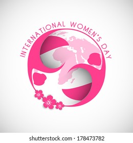 Creative sticky, tag or label design for Happy Women's Day celebration with pink silhouette of girls in happy moment and beautiful flowers.