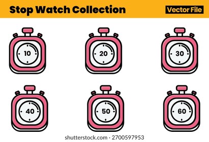 Layout de vetor de cronômetro criativo com seis ilustrações cronometradas destacando as durações medidas para aplicações de design