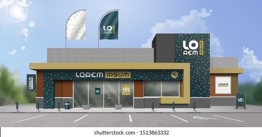 Creative store design with pattern from dots. Elements of outdoor advertising. Corporate identity