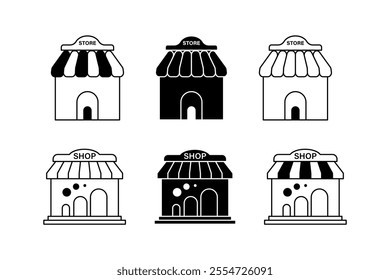 Creative Store Front Icons for Innovative Advertising, Artistic Shop Front View Icons for Print and Digital Mediums, shop, store, icon, retail, business, ecommerce, marketplace, mall, silhouette