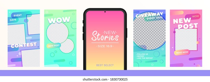 Creative Stories Pack for social media. Trendy editable template for social networks stories. Story template theme for New post, contest, giveaway. Vector cover design for photos. 