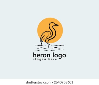 creative stork logo stork and water with lines concept and orange sun logo design template