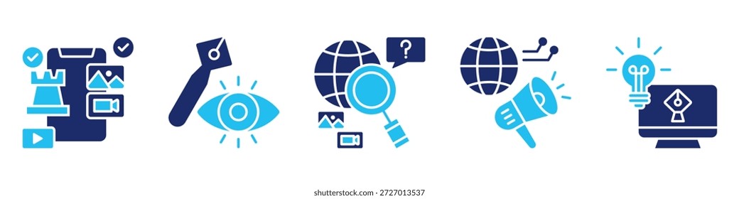 colección de conjunto de iconos de estrategia creativa, para el concepto de diseño de marketing con iconos de estrategia de contenido, diseño visual, navegación, marketing digital, herramientas digitales. Glifo de Vector simple Ilustración de duotono