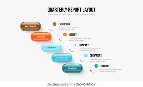 Creative Strategy Slideshow Design Vector Illustration. Enterprise Introduction 5 Step Diagram Frame Layout. Digital Performance Five Option Infographic Slide Template.