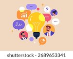 Creative Strategy Talk. People discussing new concepts, symbolizing teamwork, and collective thinking. Vector illustration of collaboration and idea exchange process in business communication.