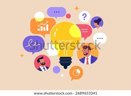 Creative Strategy Talk. People discussing new concepts, symbolizing teamwork, and collective thinking. Vector illustration of collaboration and idea exchange process in business communication.