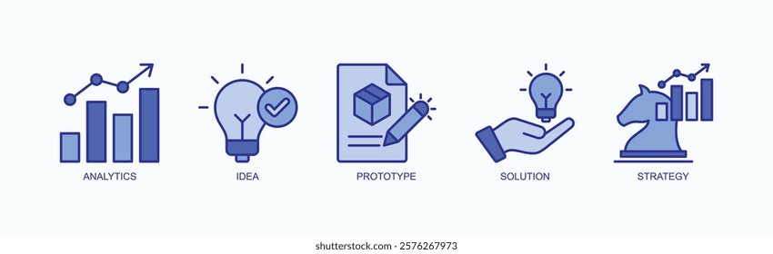 Creative Strategy Toolkit Icon Set Isolated Vector With Icon Of Analytics, Idea, Prototype, Solution, Strategy In Blue Style