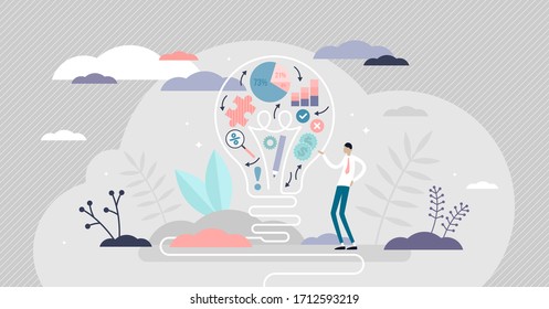 Creative strategy vector illustration. Innovative approach flat tiny persons concept. Brainstorming for new business ideas and projects outside the box. Imagination thinking process visualization.