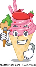 A creative strawberry ice cream artist mascot design style paint with a brush