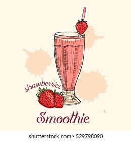 Creative strawberry smoothie in glass with straw. Vector illustration used for banner, poster, bar or restaurant menu.