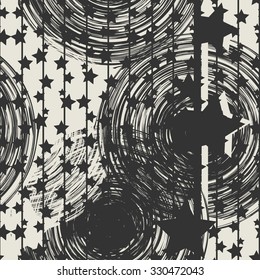 Creative striped pattern of circles, stars, line, seamless vector background.
