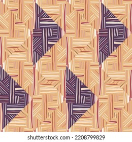 Creative stripes vintage ornament. Tribal lines mosaic seamless pattern. Abstract geometric ethnic tile. Design for fabric, textile print, wrapping paper, cover. Vector illustration