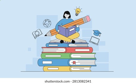 Creative student sitting on a stack of giant books with a massive pencil to study and discover new ideas.