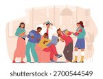 Creative students studying as team enjoying education fun and nice collaboration cartoon scene. Young people classmates teamwork and brainstorming together for school projects vector illustration