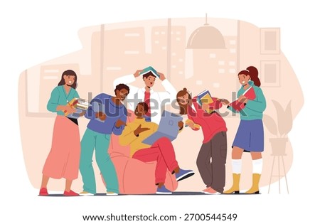 Creative students studying as team enjoying education fun and nice collaboration cartoon scene. Young people classmates teamwork and brainstorming together for school projects vector illustration