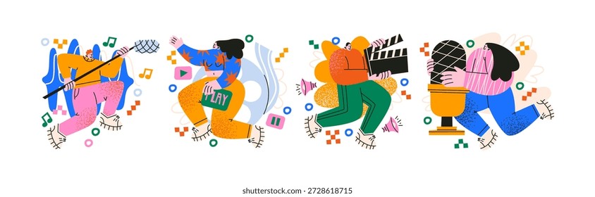 Personagens de estúdio criativo em estilo de desenho animado retrô. Mascotes de produção de mídia: músico com guitarra, jogador com controlador, diretor de cinema com clapperboard, fotógrafo com câmera. Trabalho criativo e formas de criação de conteúdo