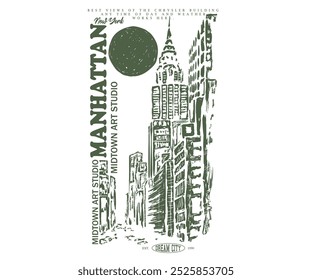 Creative studio city vibes vector graphic artwork. New york city hand drawing. New York design studio t shirt print design. Tudor manhattan rod hand sketch print design. college text print.