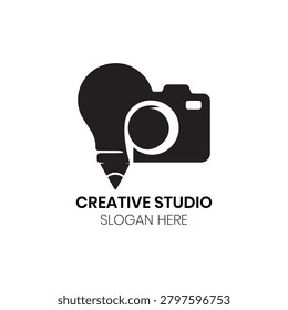 Creative Studio is an engaging and modern logo incorporating a lightbulb base that forms part of a camera, perfectly tailored for videographers, multimedia designers, and content production companies aiming to showcase creativity, illumination, and professional filmmaking services.