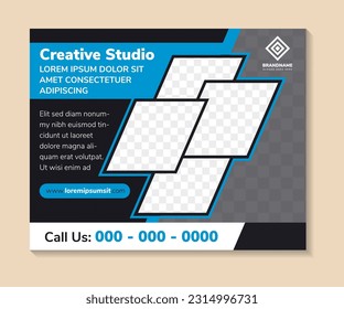 creative studio headline banner design template for Billboard or etc, modern layout of advertising banner for promotion of goods and services. diagonal space for photo collage. line pattern. blue