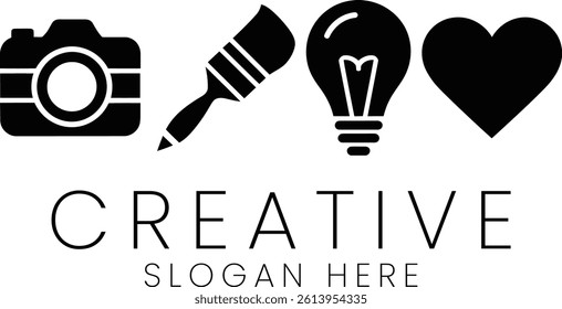 Creative studio logo design featuring a camera, brush, lightbulb, and heart. Perfect for branding.