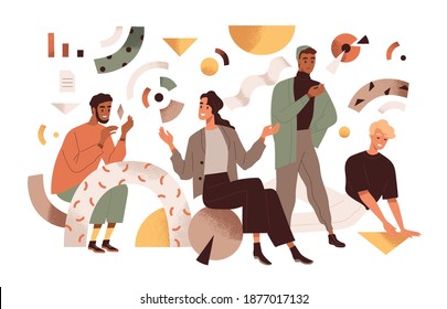 Creative Studio Team Communicating And Working Together. Group Of Creators With Abstract Geometric Shapes. Concept Of Creativity And Cooperation. Vector Illustration In Flat Style Isolated On White