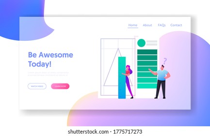 Creative Studio Working Process Landing Page Template. Client Order Graphic Designer to Create Company Logotype. Tiny Female Character Painting Triangle Logo Symbol. Cartoon People Vector Illustration