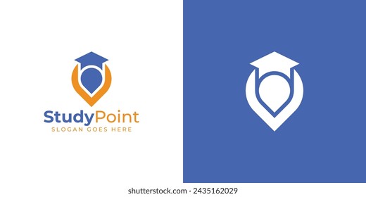 Creative Study Point Logo. Education Hat and Local Pin Location Map Place Point with Modern Style. Academy Logo Icon Symbol Vector Design Template.