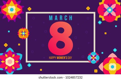 Creative Style 8 Of March Illustration. Happy International Women's Day Text on Dark Background. Fluid Bight Colors 3D Flat Design Flowers. Ideal for Social Media Cover, Banner, Page, Invitation, Card