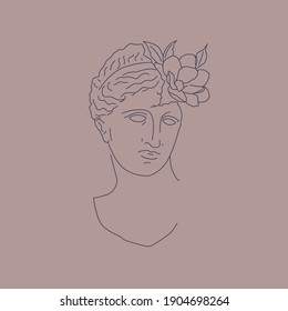 Creative style antique statue head with flowers. Abstract female beauty in antique style. Abstract female beauty