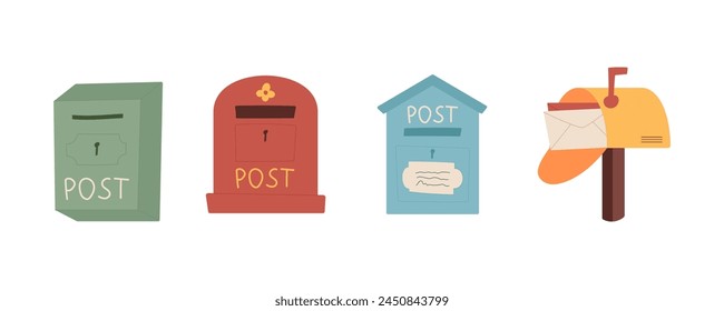 Creative style cartoon mailbox with letter set illustration, handmade envelope in post box vector collection, colorful design postbox bundle with paper mail, correspondence and documents delivery.